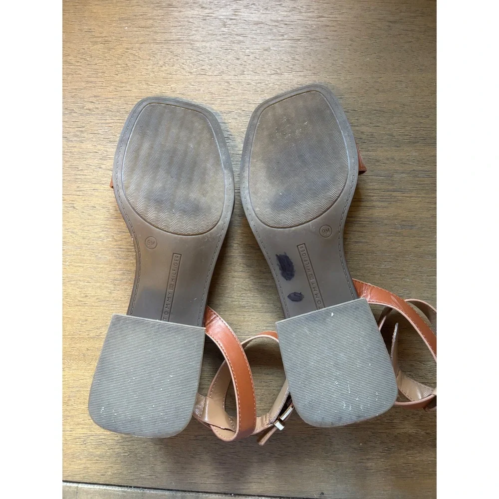 Tommy Hilfiger Tan Brown Ankle Strap Block Heel Square Toe Sandals